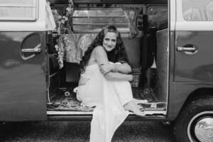 Beautiful Begins at 40 portrait series by kerry struble, NH portrait artist. Monochrome, black & white photo of vw bus